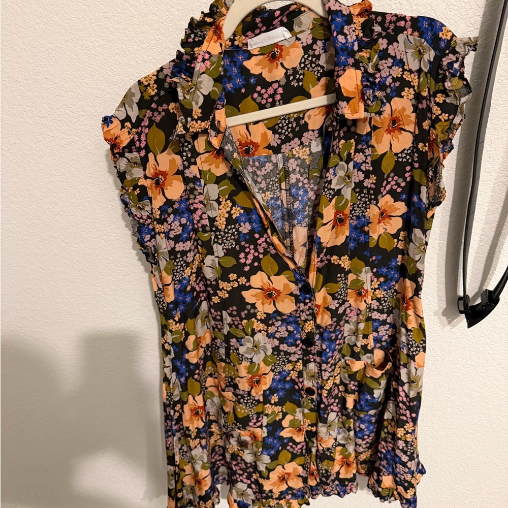 TALULAH Black Mini Dress with Peach and Blue Floral Print